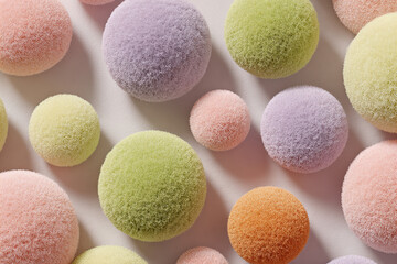 Obraz premium Soft Pastel Fuzzy Spheres - Decorative Abstract Pom-Pom Balls in Mint, Peach, Lavender and Apricot for Backgrounds and Textures