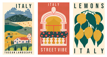 Italy vintage graphic postcard set. Vector illustration of Tuscan landscape, street vibe and lemon branch. Travel poster
