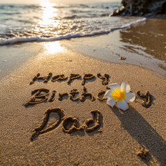 Happy Birthday Dad Neat Print Written in Wet Sand with White Frangipani and Strong Golden Hour Light &ndash; perfect for greeting cards