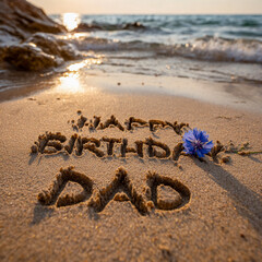 Happy Birthday Dad Neat Print Written in Silky Wet Sand with Blue Cornflower and Bright Golden Sunset Reflections, Clean Square Beach Close-Up &ndash; perfect for birthday greetings