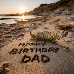 Happy Birthday Dad Simple Script in Wet Sand with Lavender Sprig Accent, Amber Gold Sunset Light and Gentle Foam Behind &ndash; perfect for birthday greetings