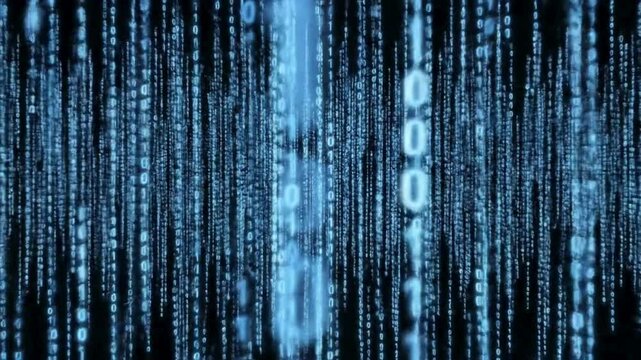 Blue Binary Code Streaming Down Digital Screen