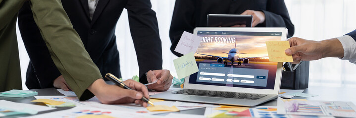 Analyst team use sticky note for creative and analytic brainstorm for business idea with BI data dashboard on laptop screen. Analysis financial data visualization tech for marketing strategy. Prodigy