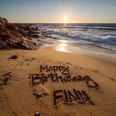 Happy Birthday Finn Written in Wet Sand in Classic Print with Golden Hour Sun Disc and Clean Rolling Waves, Minimal Square Scene &ndash; perfect for birthday greetings