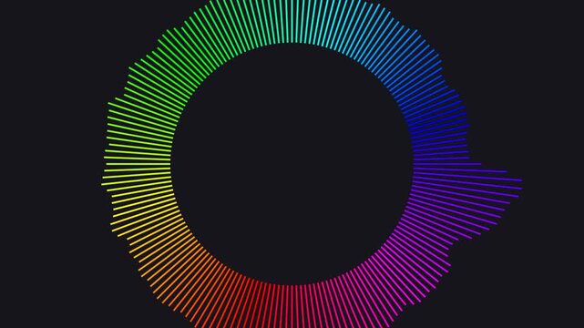 Spiky full circle audio equalizer with rainbow colors. Great for enhancing musical content, video game intros, or presentation backgrounds.