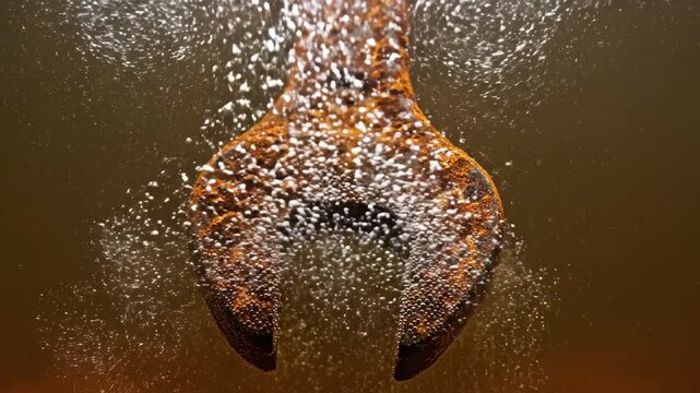 Close Up of Rusty Wrench Submerged in Water with Bubbles Rising and Orange Glow Effect Detailed Texture Macro Shot