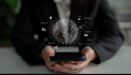 Global business network connecting digital economy and data exchange. Global business expands market, business shares data, global drives finance, and global business supports insight. Latch