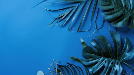 Tropical green leaves on blue background with copy space