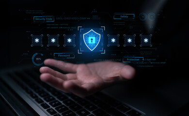A concept of an advanced cybersecurity system. The futuristic interface shows a multi-factor authentication process using a secure password or PIN for enhanced data protection. Fermion
