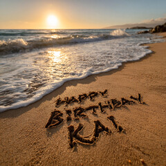 Happy Birthday Kai Written in Wet Shoreline Sand with Crisp Fingerwritten Letters, Golden Sunset Sun Disc and Gentle Foam Lines &ndash; great for greeting cards