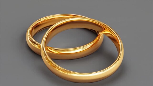 Two gold wedding rings interlocked on a gray surface for symbolism