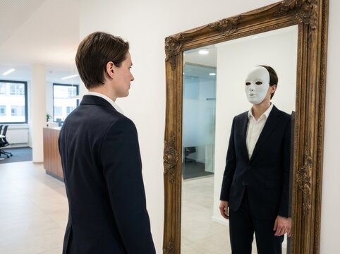 Businesswoman confronting masked reflection in ornate mirror in modern office