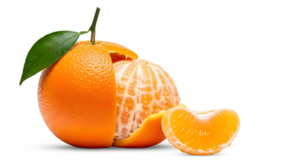 Half Peeled Orange with Juicy Segment and Green Leaf Isolated on Black Background
