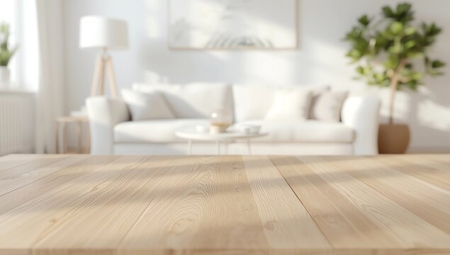 Wooden product display table standing in modern blurry living room with white walls and wooden dresser with vases and books. 3d rendering