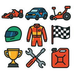 Fototapeta premium Racing icons set featuring cars, checkered flag, helmet, and trophy