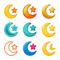 Obraz premium Colorful crescent moon and star icons on vibrant gradient background