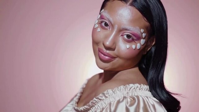 Woman with pearl embellished makeup and soft pink tones