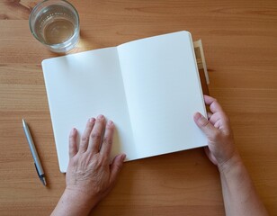 Obraz premium Top view of hands opening a blank notebook on a wooden desk with pen