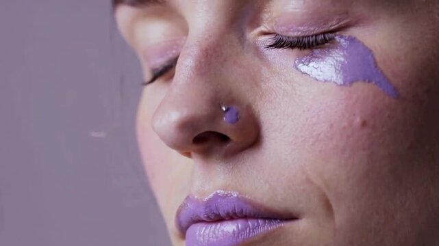 Close up of face with creative purple makeup and natural skin