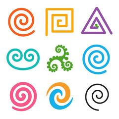 Colorful geometric spiral patterns on vibrant gradient background