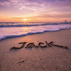 Jack Name Written in Wet Sand with Pastel Pink Lavender Gradient Sky, Clean Untouched Beach and Gentle Foam Lines &ndash; ideal for posters