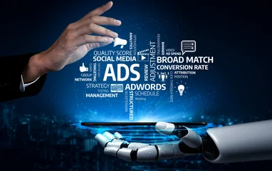 Fotobehang Sportwinkel A striking image showcasing a human hand and a robotic hand reaching toward a smart device. This visual symbolizes the future of digital advertising and marketing. Tessel  © InfiniteFlow