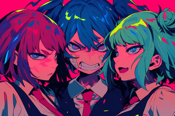 Naklejka premium Anime three school students with colorful hair