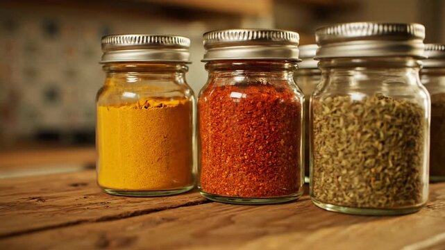 Assorted spices in glass jars on rustic wooden kitchen counter