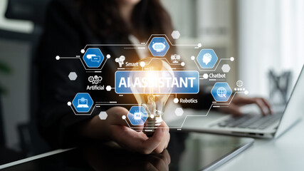 This image illustrates the concept of virtual assistant technology, showcasing a glowing light bulb and digital icons that represent innovation in AI and robotics. Tessel
