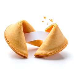Close-up shot of a fortune cookie, broken open, with a message slip visible