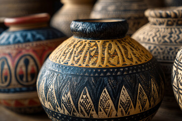 A close-up of Comorian handmade pottery, intricately decorated with traditional patterns, emphasizing local craftsmanship and art.