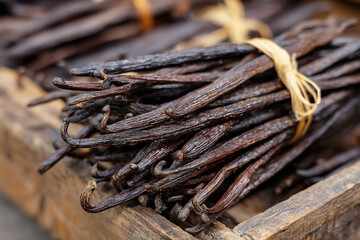 A close-up of fragrant Comorian vanilla pods, freshly picked and drying in the sun, emphasizing the island's famous export.