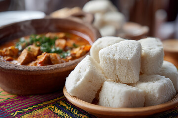 A close-up of Comorian cassava bread (mkate wa muhogo), freshly baked and steaming, served with a savory fish stew.