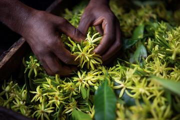 A close-up of Ylang-Ylang flowers, a key Comorian export, being carefully hand-picked, emphasizing delicate agricultural work.
