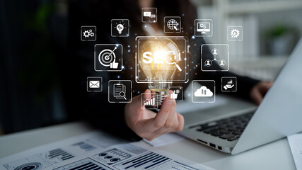 SEO concept for improving SEO visibility, with SEO related digital tools and SEO performance icons shown in an focused layout for strategic marketing. Spline