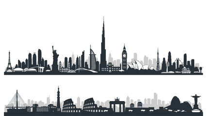 City skylines with iconic landmarks from around the world in silhouette against a white background