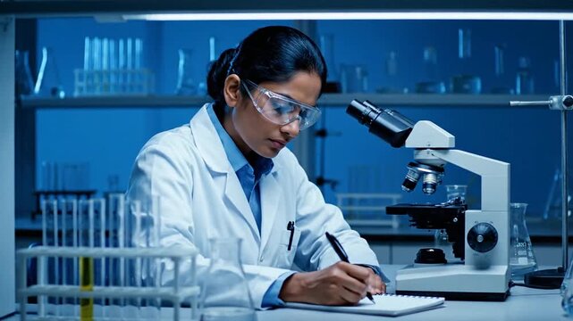 A scientist faces uncertainty while making a decision of choice in a laboratory setting with a microscope