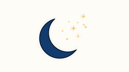 Fototapeta premium A simple illustration of a dark blue crescent moon with small yellow sparkling stars on a light background.