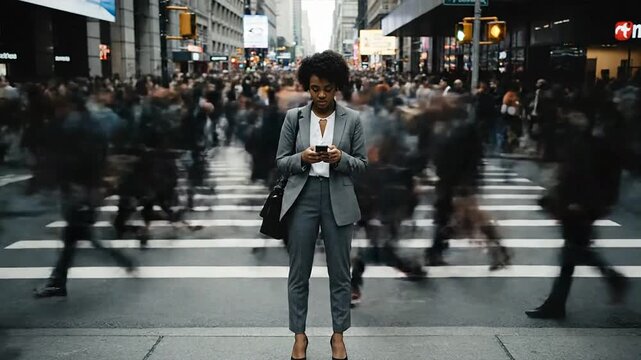 A woman in a business suit stands at a crosswalk, experiencing uncertainty as she makes a decision about her choice amidst a busy city street scene.