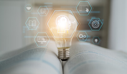 Head with gear and icons representing learning, digital training, and development process, showing...