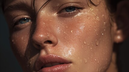 Close-up of dewy, hydrated skin with water droplets, highlighting a glowing complexion and fresh skincare routine for beauty and wellness campaigns