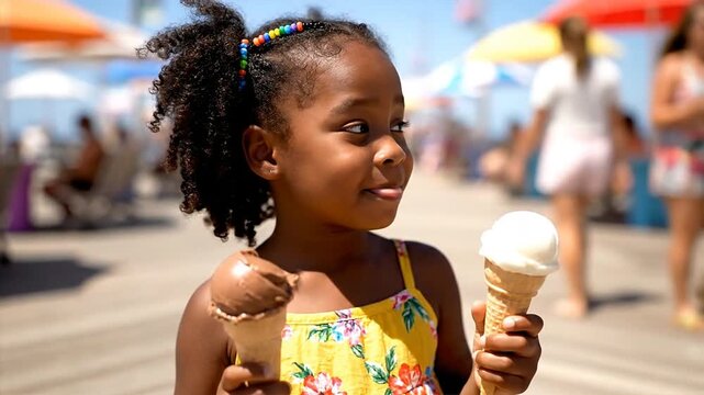 A young girl experiencing uncertainty while making a decision between two ice cream choices on a sunny beach day