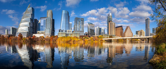 Austin Downtown modern office hub of world technology center business urban city landscape of skyscraper and travel destination park along the river with reflection capital city of Texas, USA