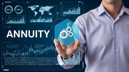 Businessman interacting with futuristic annuity interface