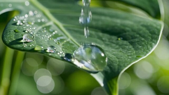 Water Droplets Falling on Large Green Leaf with Bokeh Background