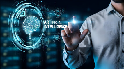 Man interacting with artificial intelligence interface in modern tech environment