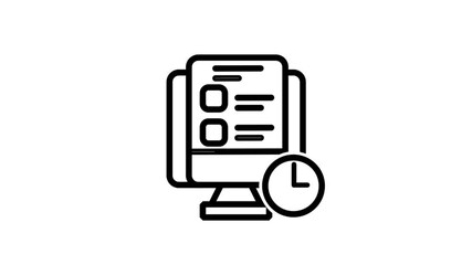 Deadline Management line animation. Professional online task management icon featuring a desktop monitor with a document checklist and clock for tracking project deadlines.