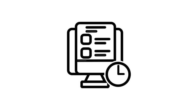 Deadline Management line animation. Professional online task management icon featuring a desktop monitor with a document checklist and clock for tracking project deadlines.