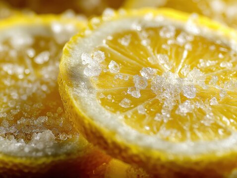 Extreme close up macro photograph captures bright yellow lemon slices generously sprinkled with coarse granulated sugar crystals creating a sweet and sour treat.
