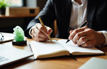 Man writing in a notebook during a focused business planning session at a desk